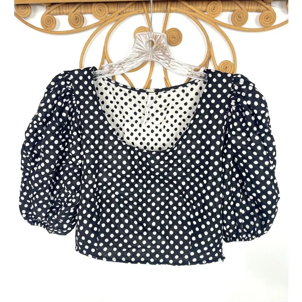 NEW Free People Polka Puff Sleeve Crop Top Black 6